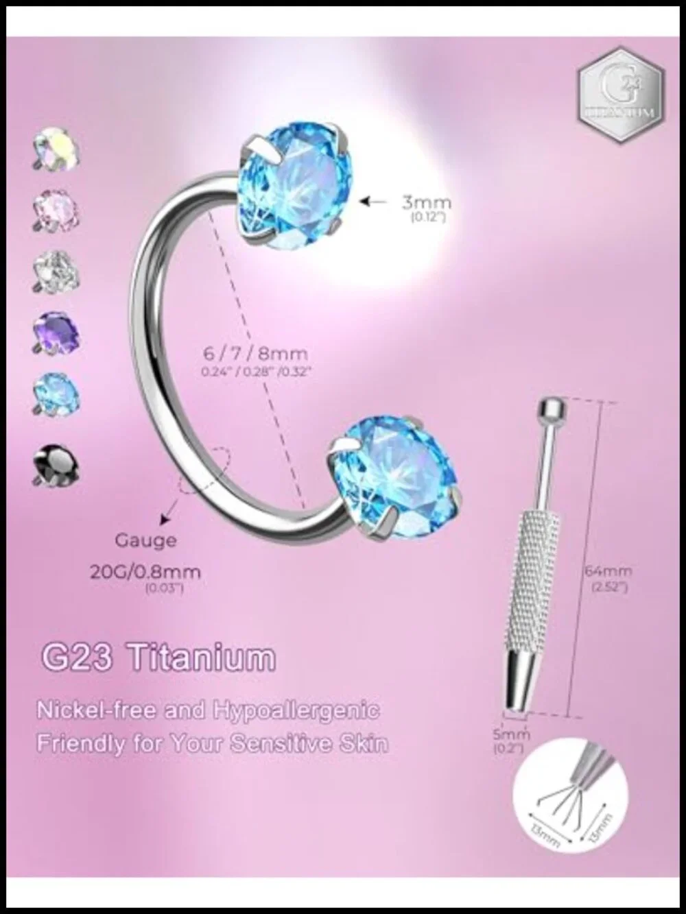 Titanium Horseshoe Nose Ring 20G CZ Internally Threaded Body Piercing Jewelry